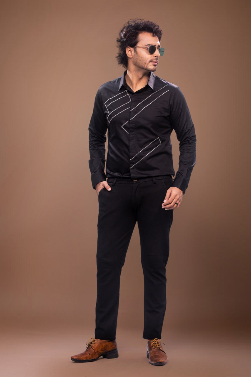 Kardana Hand Embroidery Stylish Lines On Full Shirt