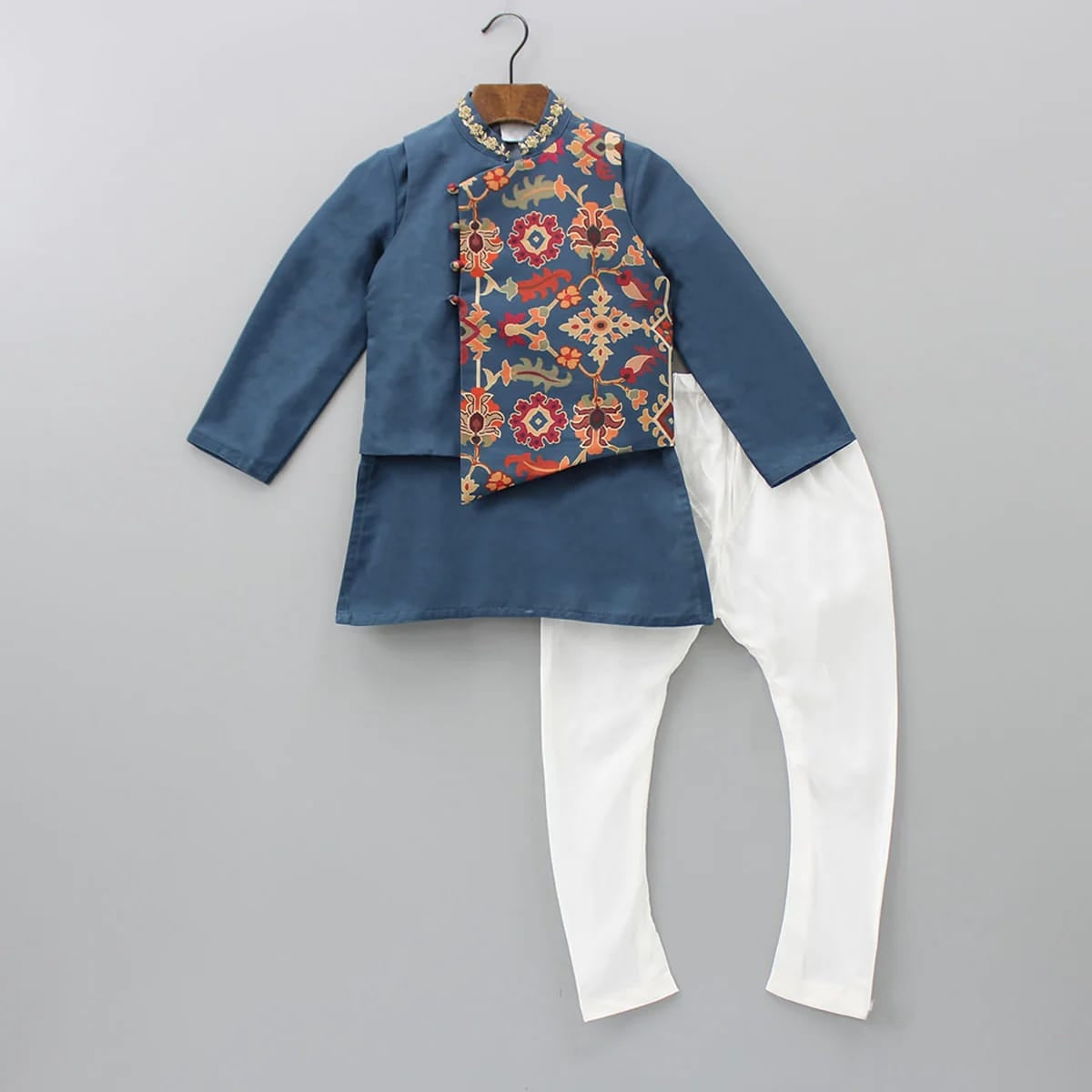 Sapphire Blue Kurta With Ikkat Print Jacket With Hand Embroidered With Churidar Set