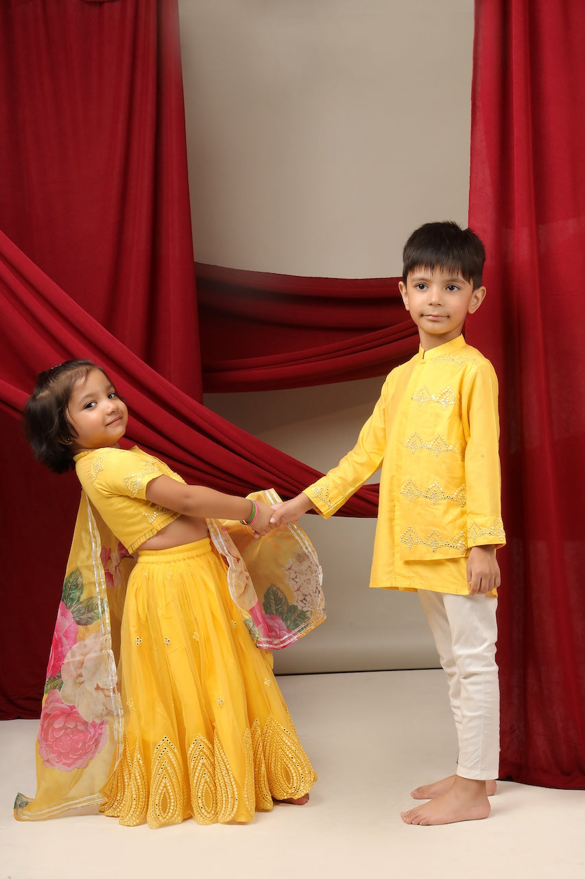 Yellow Kurta With Mirror Embroidery Flap Attached With Pajama Set