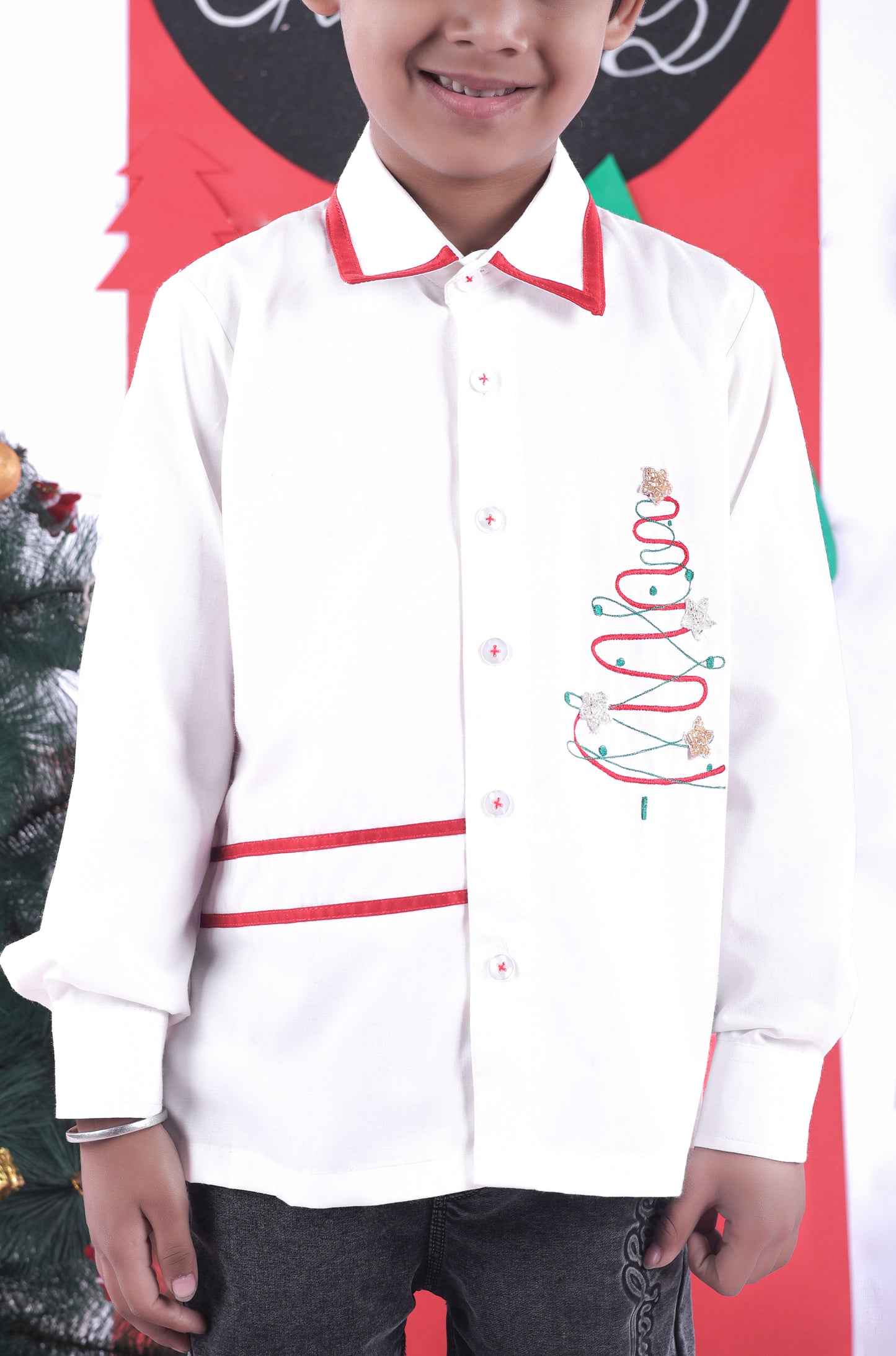 Christmas Tree Embroidered Stylish Off White Full Shirt