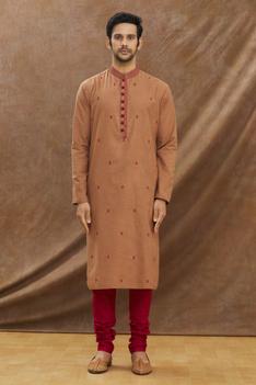 Brown Kurta With Geomatrical Shape Embroidery All Over With Churidar Set