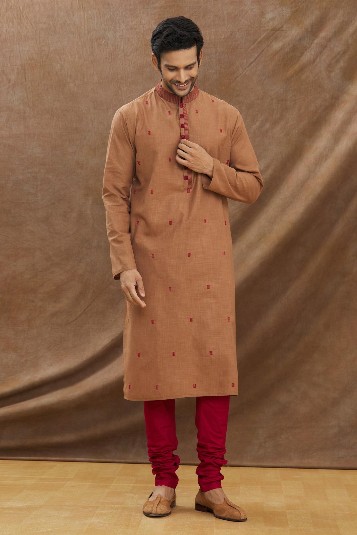 Brown Kurta With Geomatrical Shape Embroidery All Over With Churidar Set