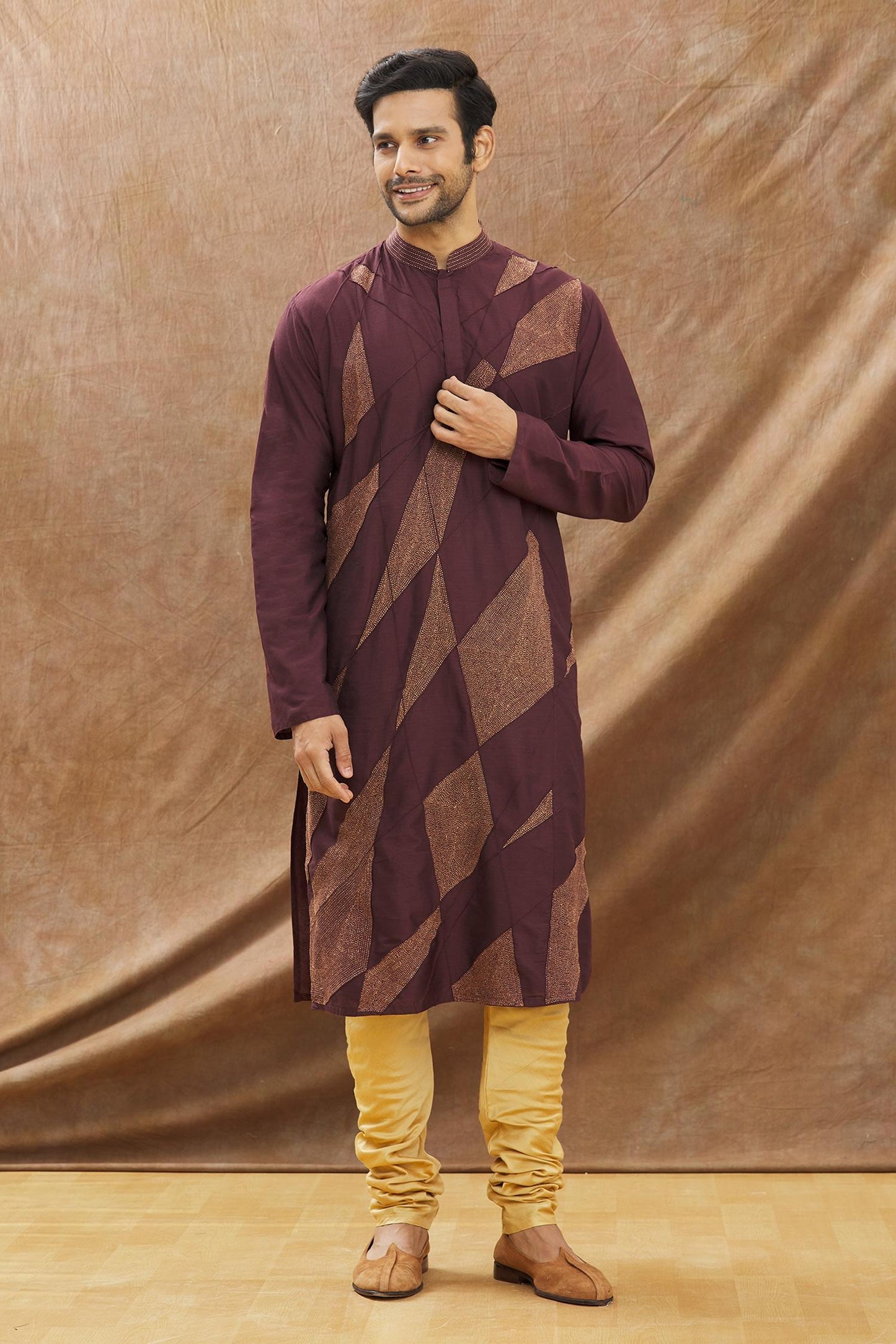 Wine Kurta Pintux And Katha Hand Embroidery With Churidar Set