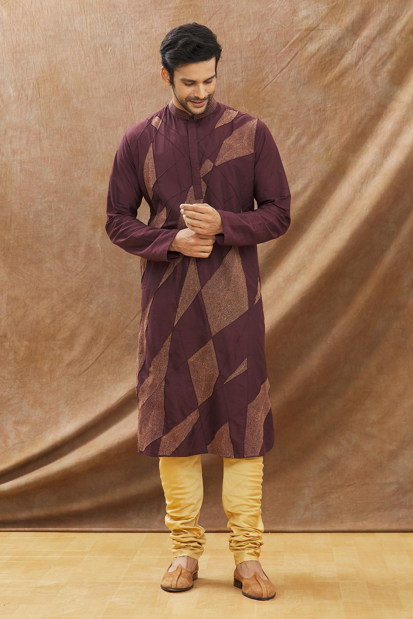 Wine Kurta Pintux And Katha Hand Embroidery With Churidar Set
