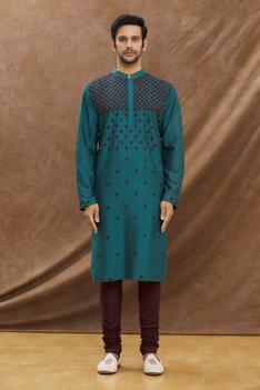 Teal Blue Kurta With Applique Work All Over With Churidar Set