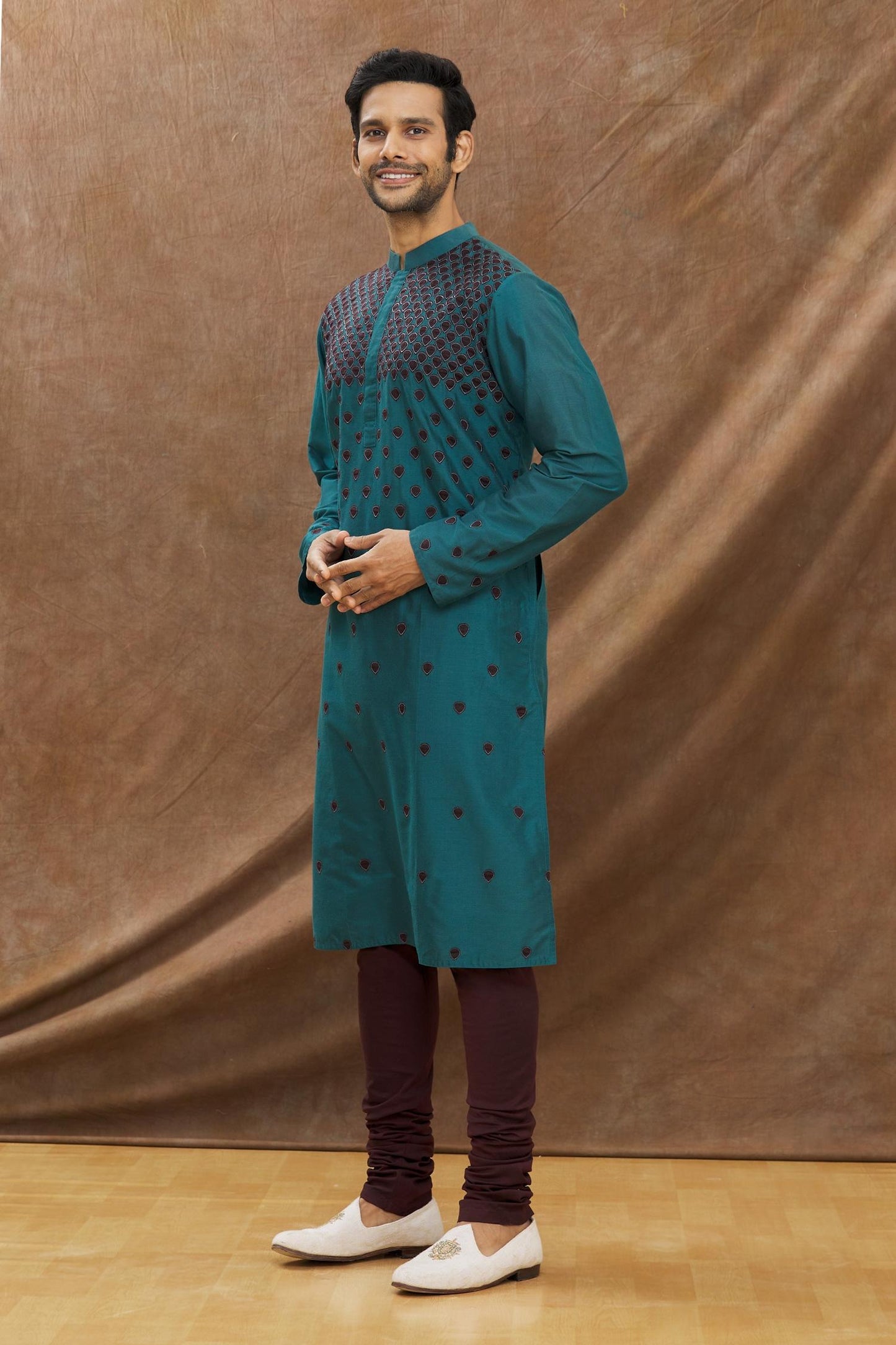 Teal Blue Kurta With Applique Work All Over With Churidar Set