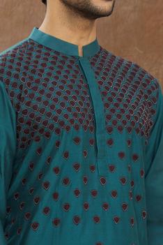 Teal Blue Kurta With Applique Work All Over With Churidar Set
