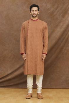 Brown Shadow Embroidery Kurta With Churidar Set