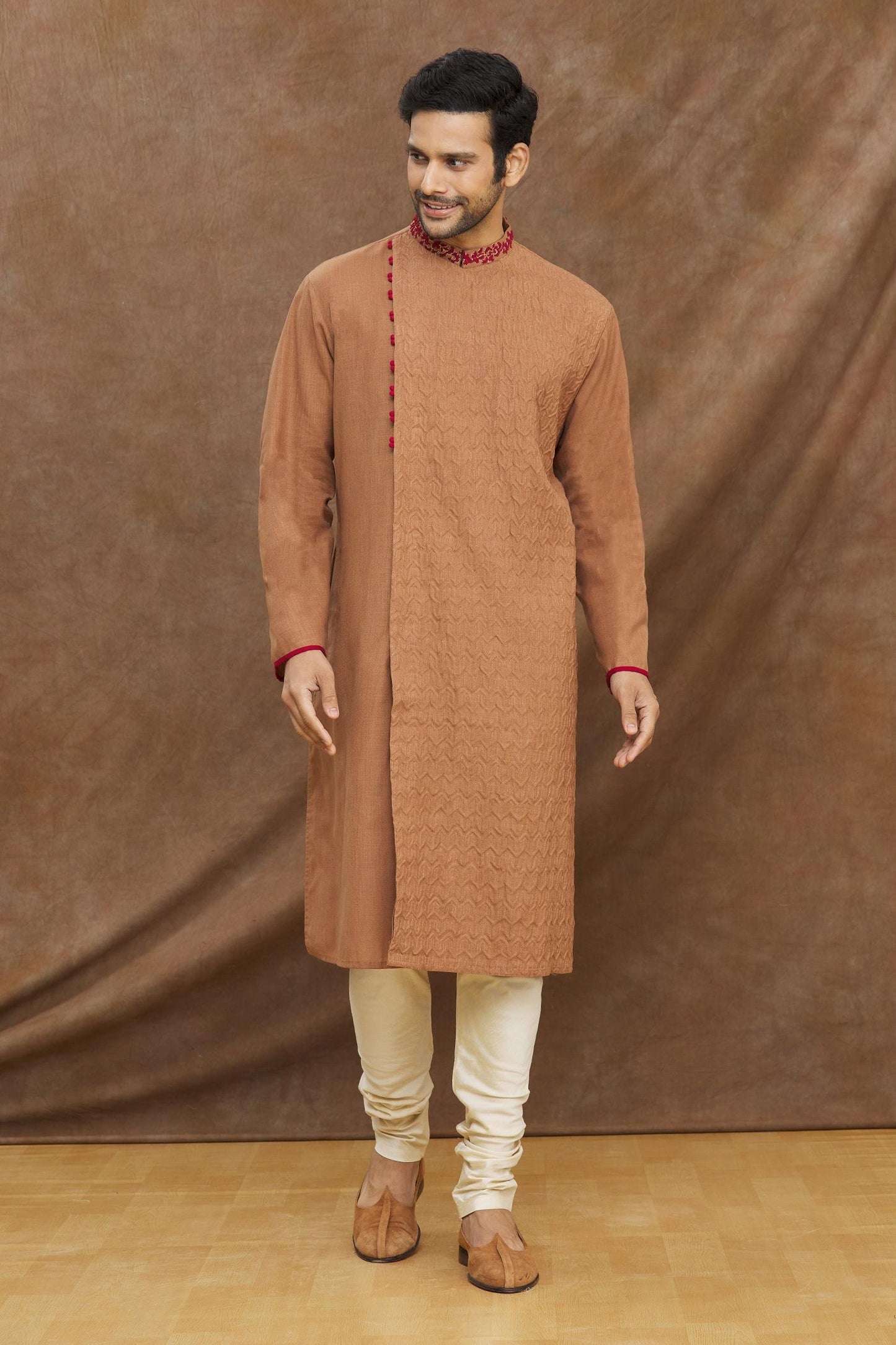 Brown Shadow Embroidery Kurta With Churidar Set