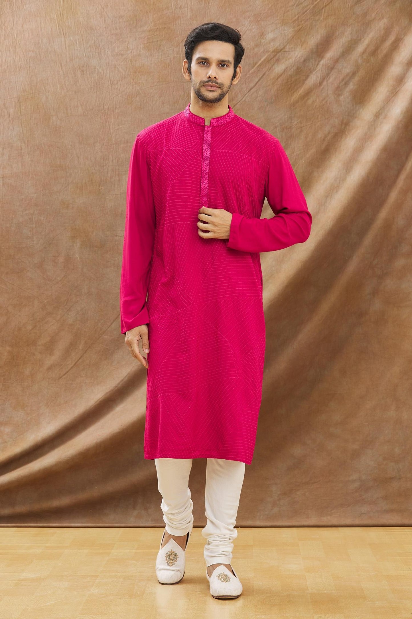 Deep Pink Kurt With Heavy Embroidery All Over With Churidar Set