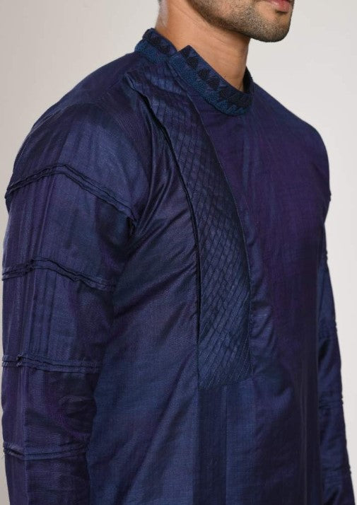 Box Pleated Dark Blue Kurta With Hand Embroidery With Chus Pajama