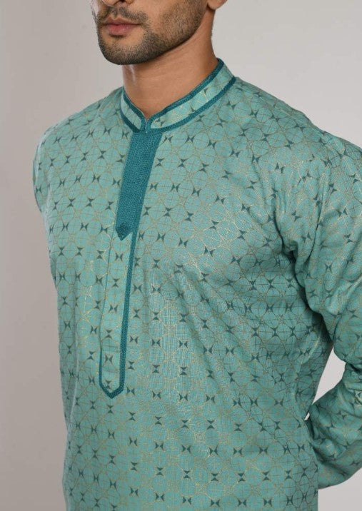 Aqua Green Printed Kurta With Stylish Kurta Patty With Churidar