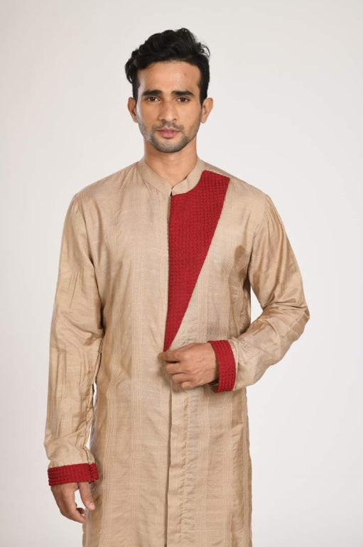 Beidge Stichline Kurta With Marun Embroidered Flap With Churidar