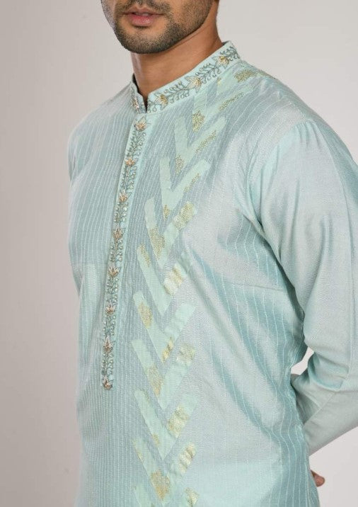 Aqua Blue Hand Embroidered Applique Kurta With Churidar