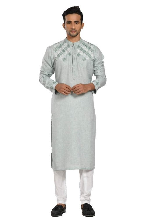 Kurta With Leaf Embroidery On The Yoke And Hand With Chhuridar