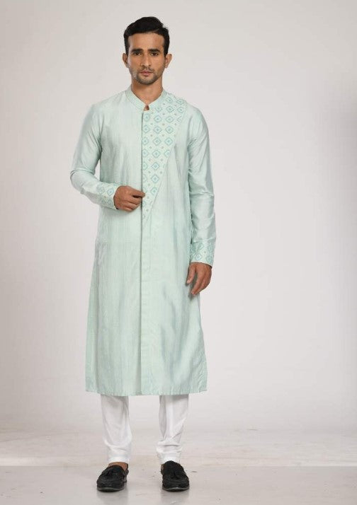 Aqua Blue Katha Embroidered Flap Kurta With Churidar
