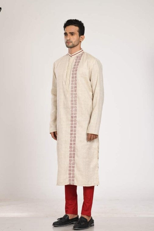 Beidge Printed Kurta With Embroidery With Chus Pajama