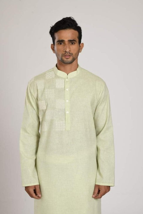 Cotton Khadi Kurta With Box Embroidery On The Yoke With Churidar
