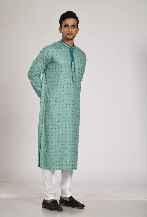 Aqua Green Printed Kurta With Stylish Kurta Patty With Churidar
