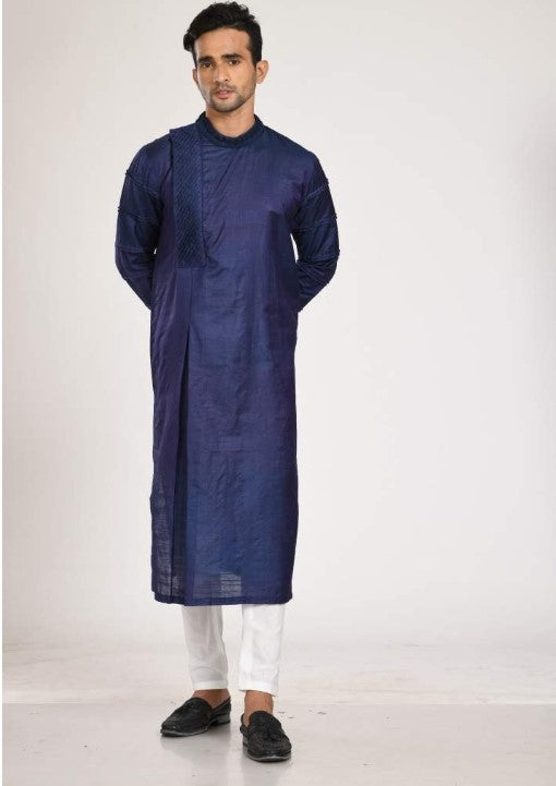 Box Pleated Dark Blue Kurta With Hand Embroidery With Chus Pajama