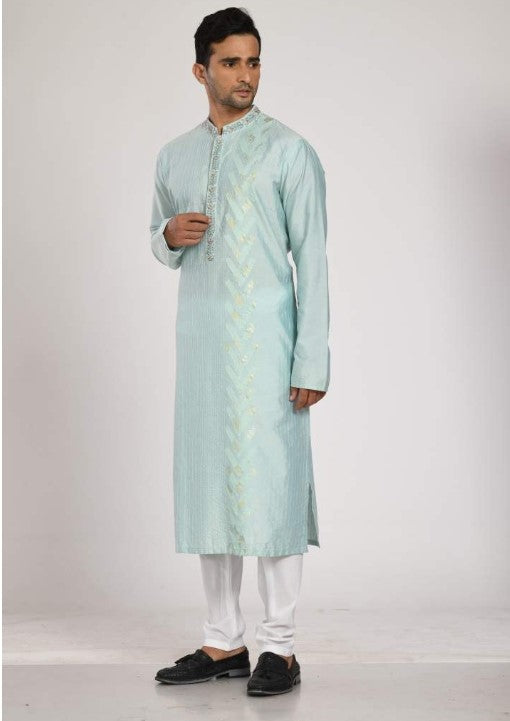 Aqua Blue Hand Embroidered Applique Kurta With Churidar