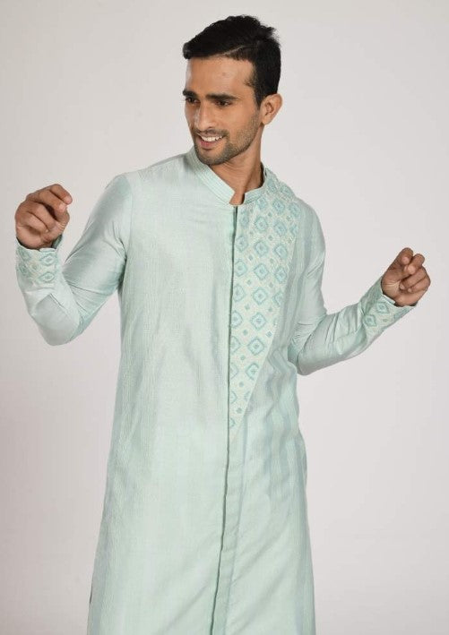 Aqua Blue Katha Embroidered Flap Kurta With Churidar