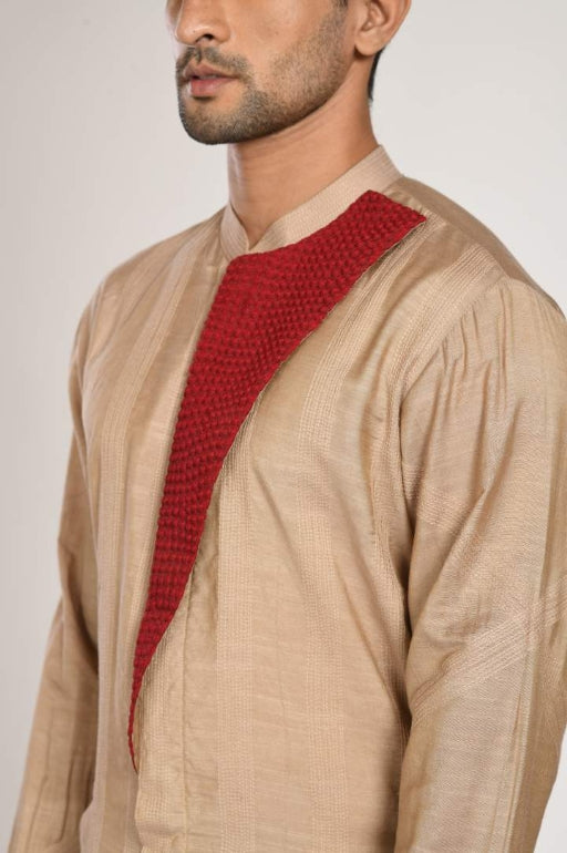 Beidge Stichline Kurta With Marun Embroidered Flap With Churidar