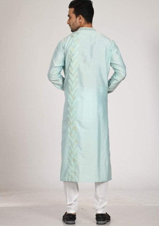 Aqua Blue Hand Embroidered Applique Kurta With Churidar