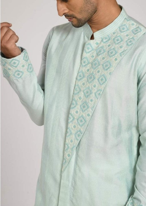 Aqua Blue Katha Embroidered Flap Kurta With Churidar