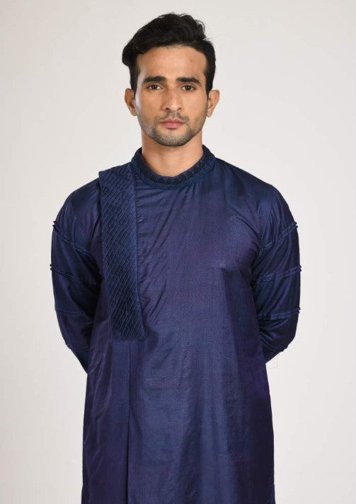 Box Pleated Dark Blue Kurta With Hand Embroidery With Chus Pajama