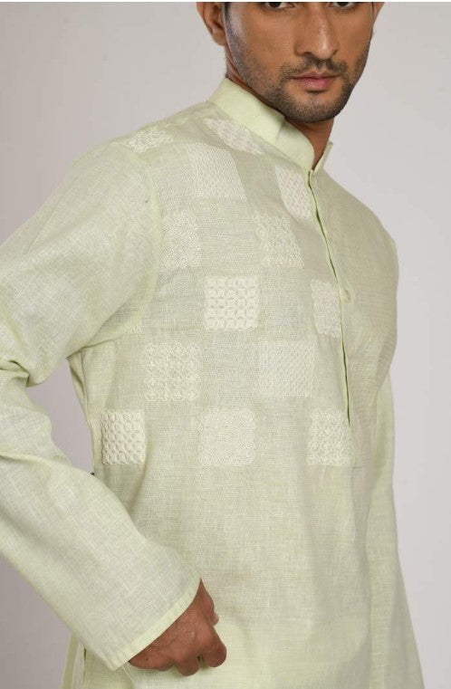 Cotton Khadi Kurta With Box Embroidery On The Yoke With Churidar