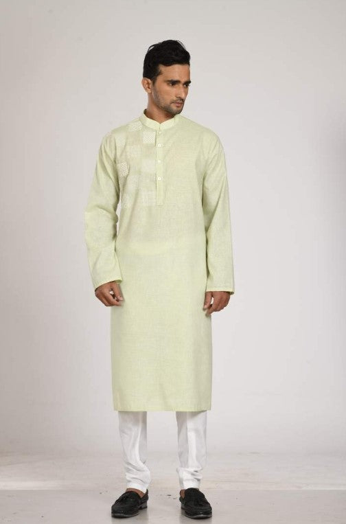 Cotton Khadi Kurta With Box Embroidery On The Yoke With Churidar