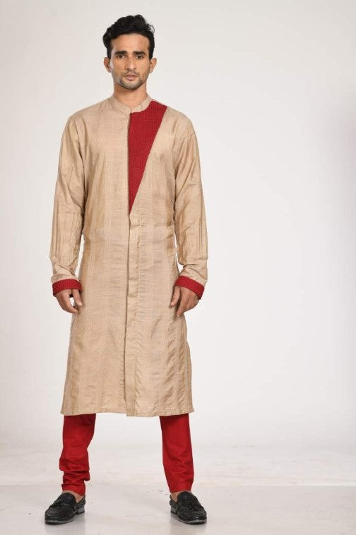 Beidge Stichline Kurta With Marun Embroidered Flap With Churidar