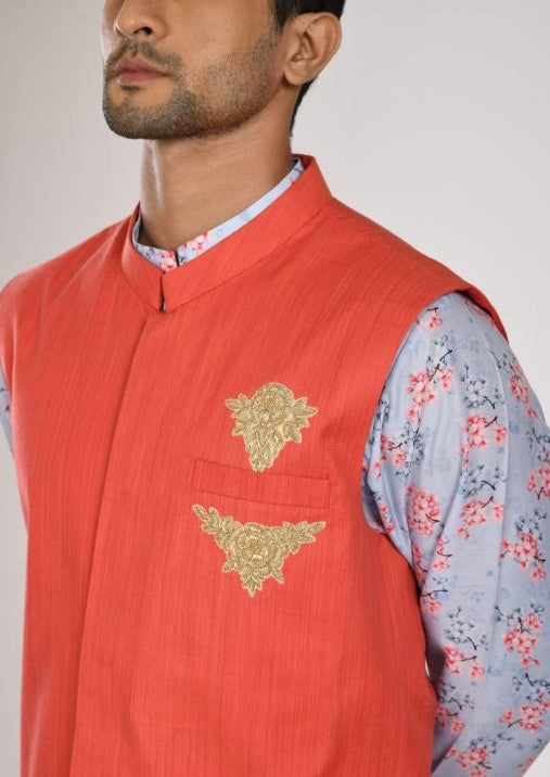 Blue Printed Kurta With Hand Embroidered Nehru Jacket With Pant