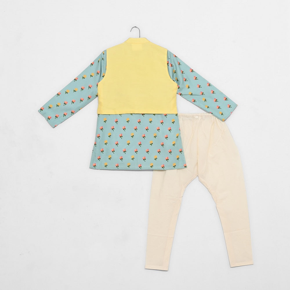 Yellow/Aqua Green Embroidered Jacket With Printed Kurta/Churidar