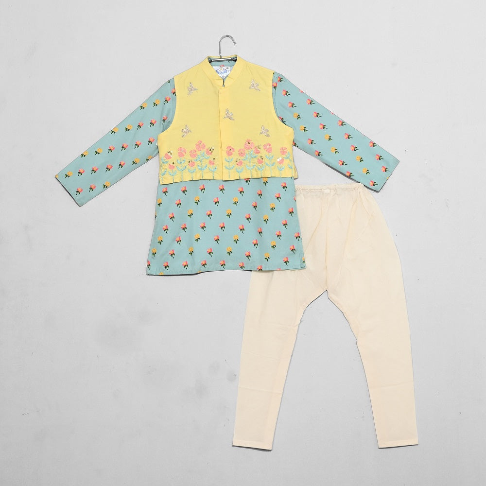 Yellow/Aqua Green Embroidered Jacket With Printed Kurta/Churidar