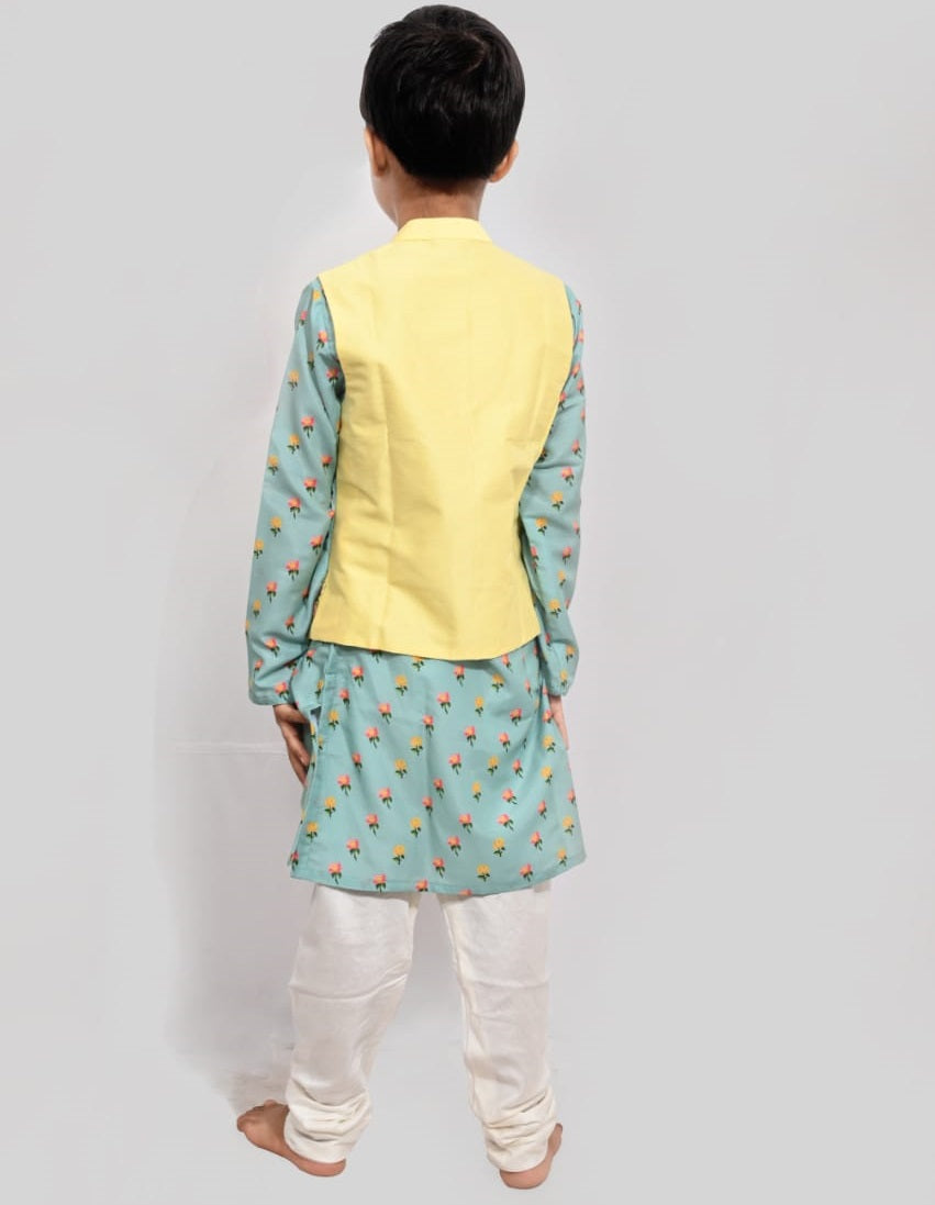 Yellow/Aqua Green Embroidered Jacket With Printed Kurta/Churidar