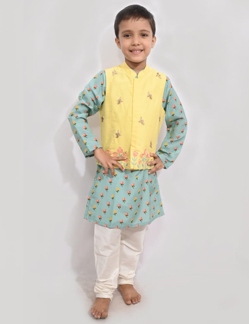 Yellow/Aqua Green Embroidered Jacket With Printed Kurta/Churidar