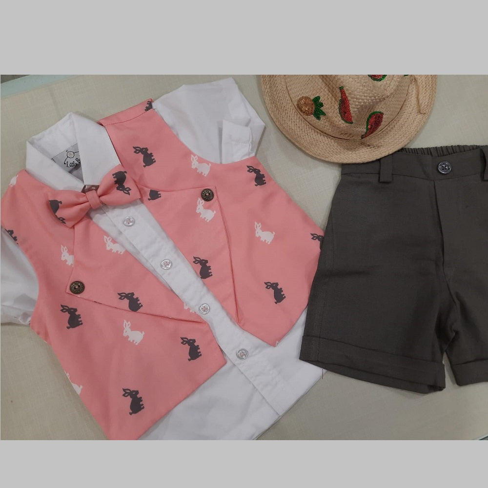White Half Shirt Grey Half Pant Bunny Print Waist Coat With Bow Tie Set