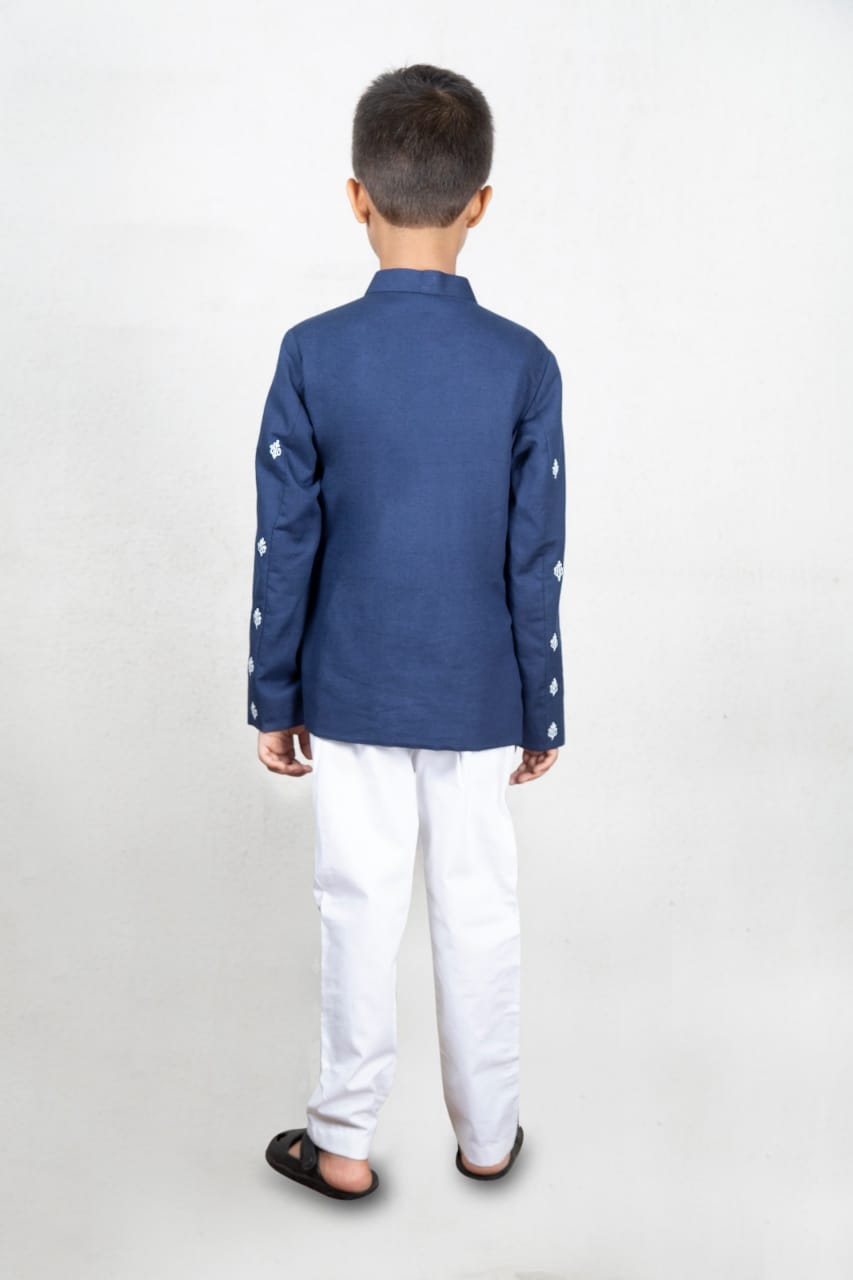 Blue Prince Coat With Embroiderey All Over With Pant Set