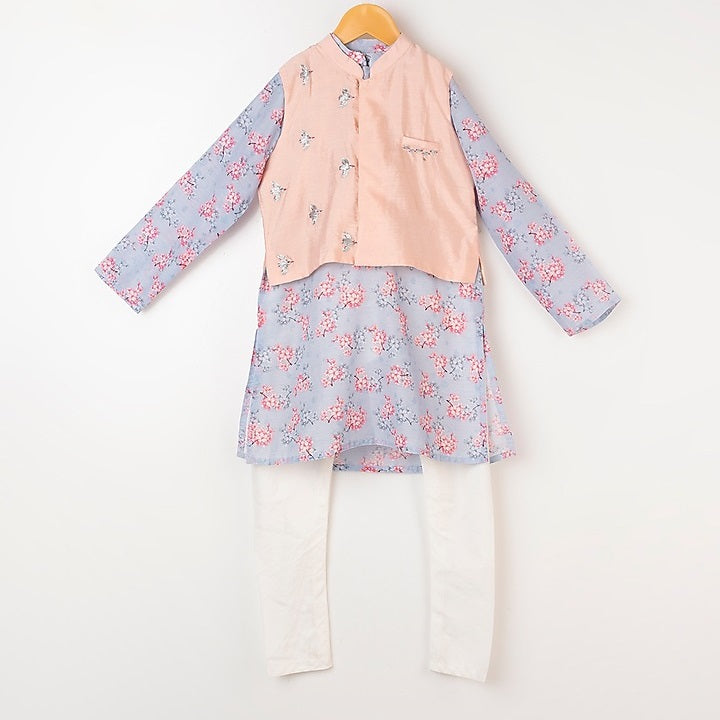 Blue Printed Kurta With Flying Bird Embroidered Pink Nehru Jacket Set
