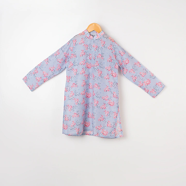 Blue Printed Kurta With Flying Bird Embroidered Pink Nehru Jacket Set