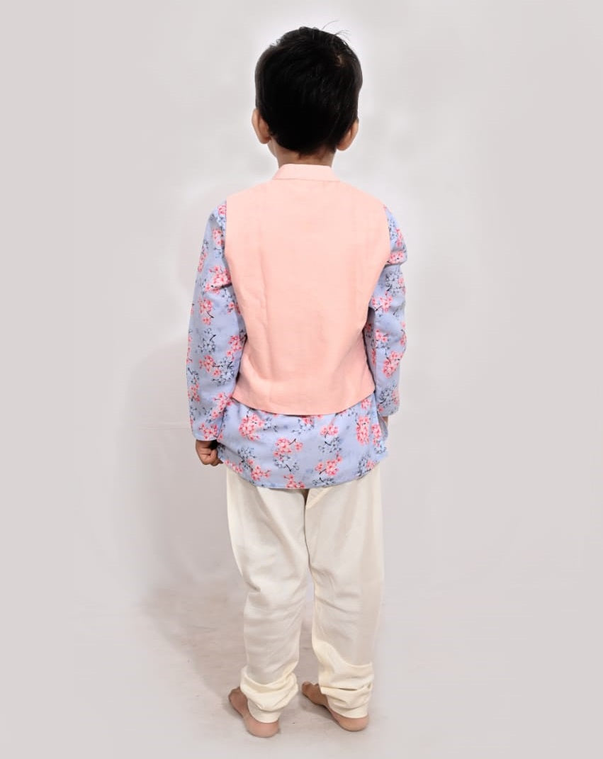 Blue Printed Kurta With Flying Bird Embroidered Pink Nehru Jacket Set