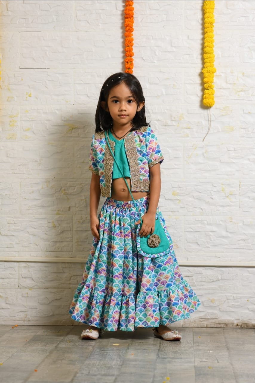 Colourful Printed Ghagara With Jacket And Sling Bag Set