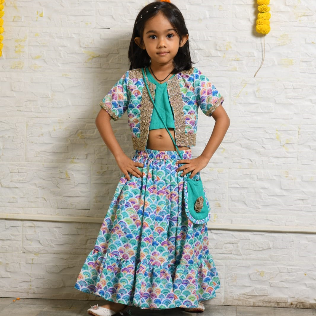 Colourful Printed Ghagara With Jacket And Sling Bag Set