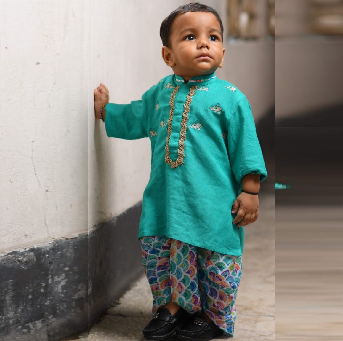 Peacork Green Embroidered Krishna Dress With Colourful Printed Dhoti Set