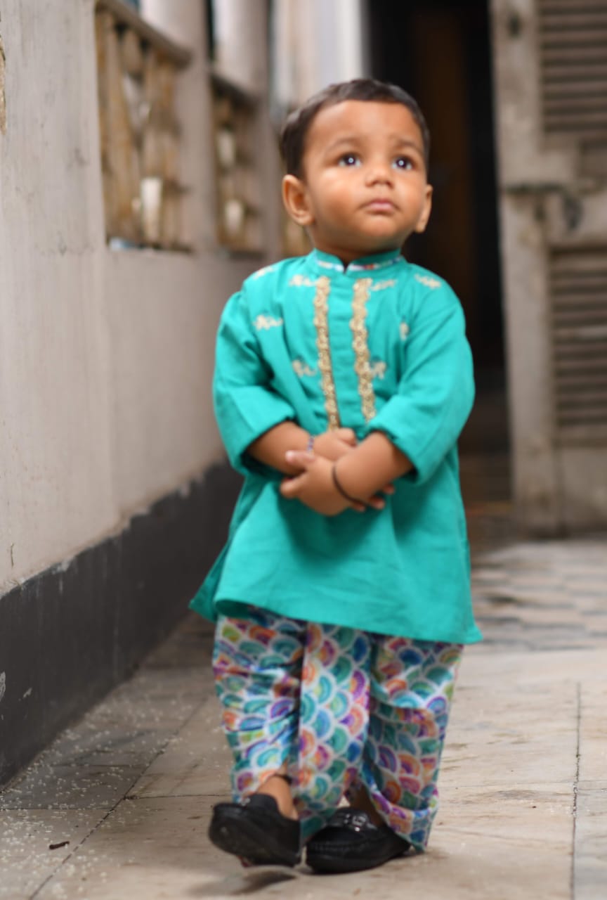 Peacork Green Embroidered Krishna Dress With Colourful Printed Dhoti Set