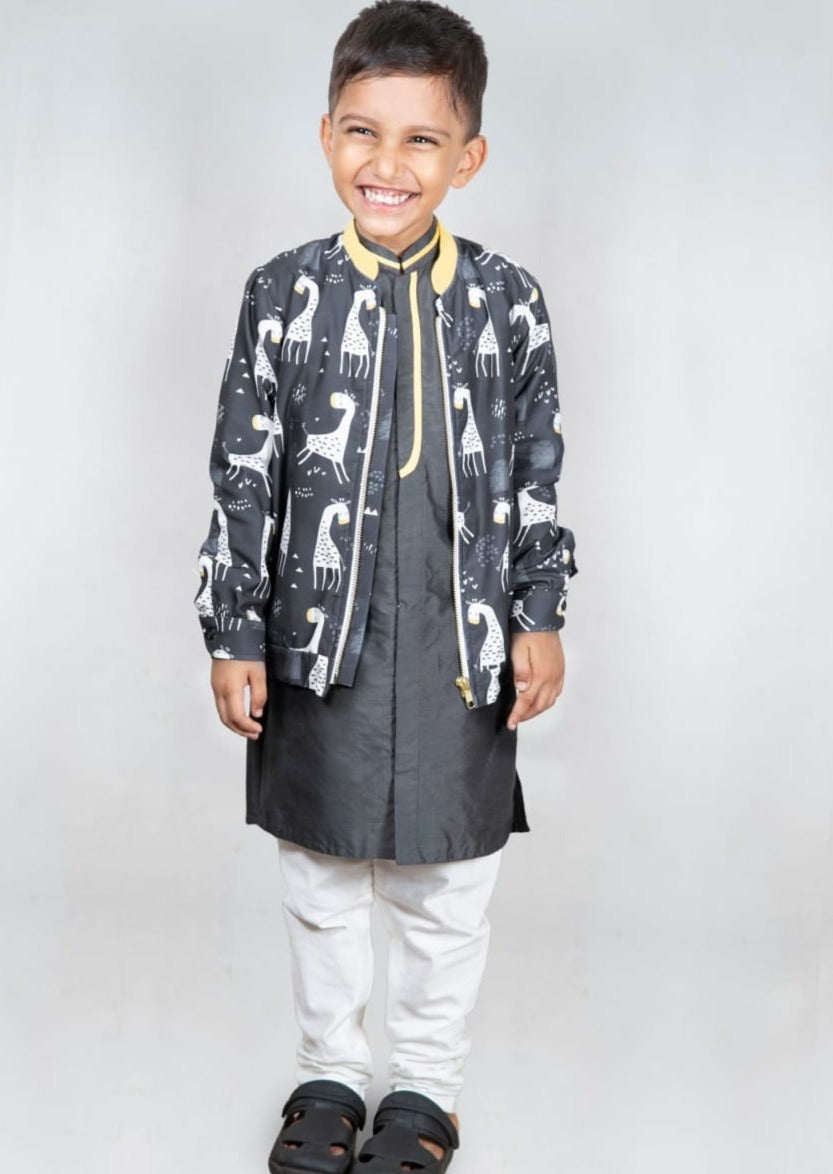 Black Giraffe Print Bomber Jacket With Kurta Set