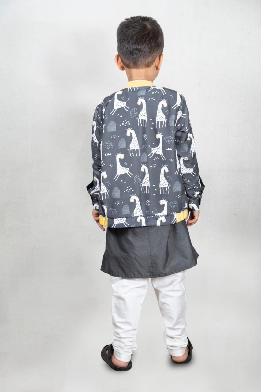 Black Giraffe Print Bomber Jacket With Kurta Set