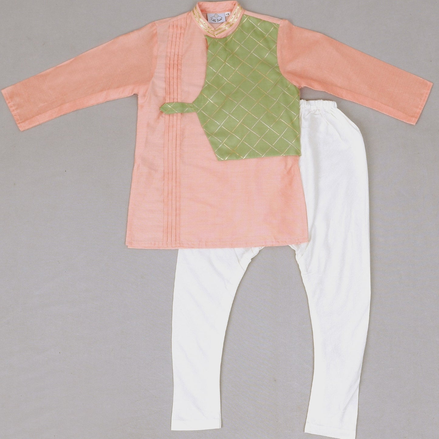 Peach Kurta With Green Gold Printed Attached Jacket Set